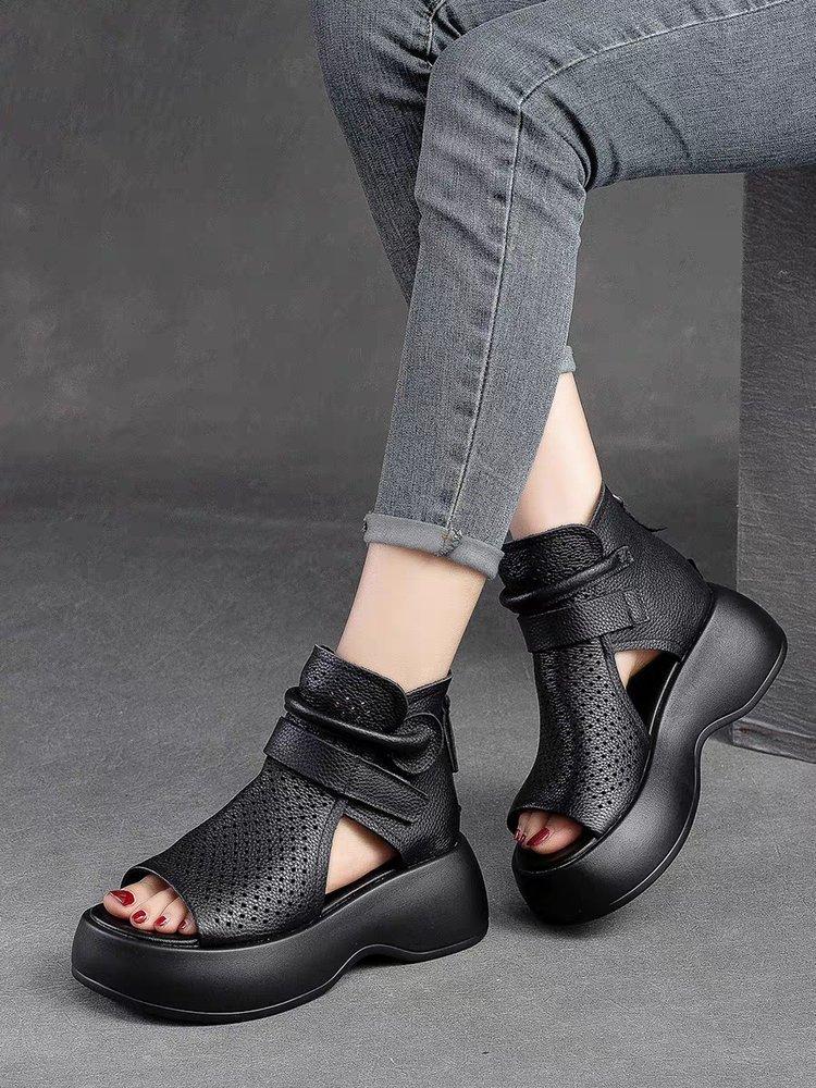 2025 foreign trade large size spring and summer new fish mouth hollow boots thick-soled wedge sandals rear zipper waterproof table breathable and cool