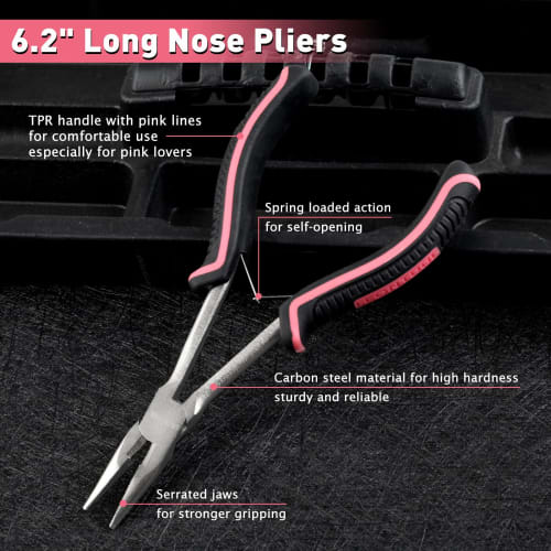 LEONTOOL Mini Long Nose Pliers, Long Reach, Slim, Pink, Women's Size, Miniature, Lightweight, Non-Slip, Serrated, Grooved, Cutting Blade, Effortless F
