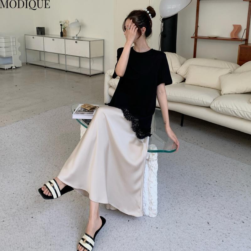 MODIQUE Summer Plus Size New Women Loose Elegant T-Shirt Lace Silk Skirt Patchwork Long Dress Female Short Sleeve O-Neck Dresses