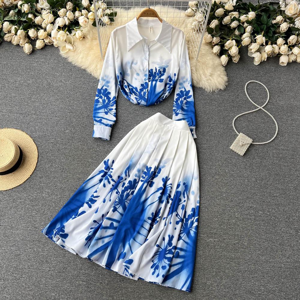 Элегантный темперамент Поло-воротник Синяя рубашка с принтом с длинным рукавом Женская Высококачественная плиссированная юбка Модный костюм-двойка