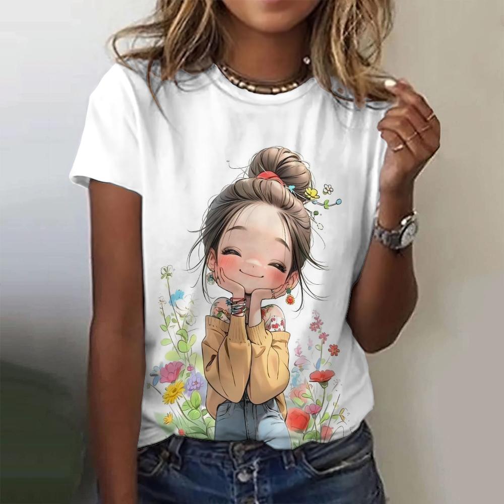 Летняя женская футболка с рисунком аниме-девушки, повседневный свитер с коротким рукавом, модная уличная одежда, милая женская футболка