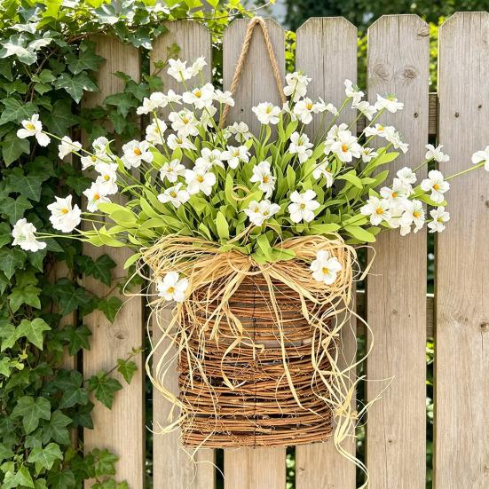 Door Hanger Basket Wreath Spring Summer Artificial Flowers in Wicker Basket for Front Door Rustic Rattan Hanging Basket Wreath for Home Porch Entryway