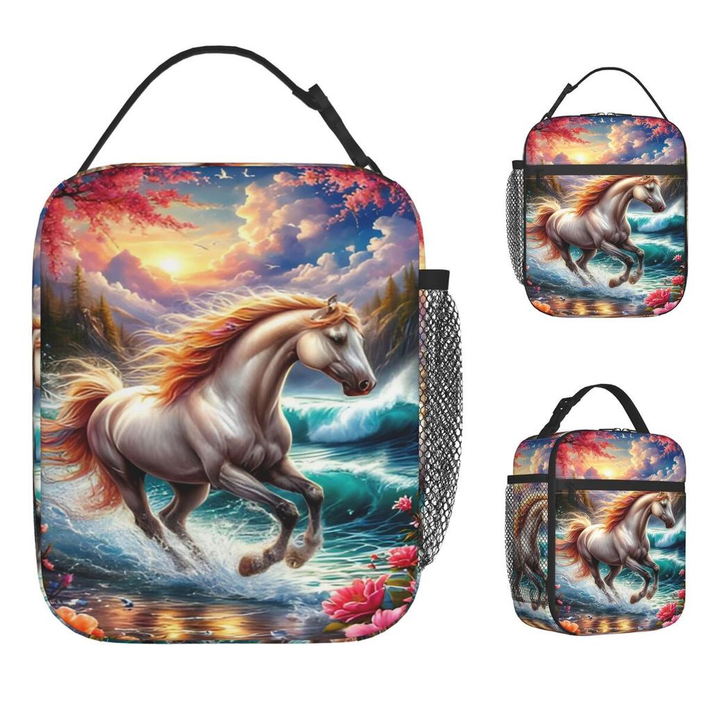 Fun Horse Pattern Digital-printed Lunch Bag Cute Lunch Box School Portable Tote Food Bags For Women Oxford Print Cooler Bag