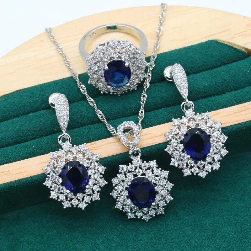 Отличительные комплекты ювелирных изделий из серебра 925 пробы для женщин, свадебный браслет с радужным синим цирконием, серьги, ожерелье, кулон, кольцо, подарок на свидание
