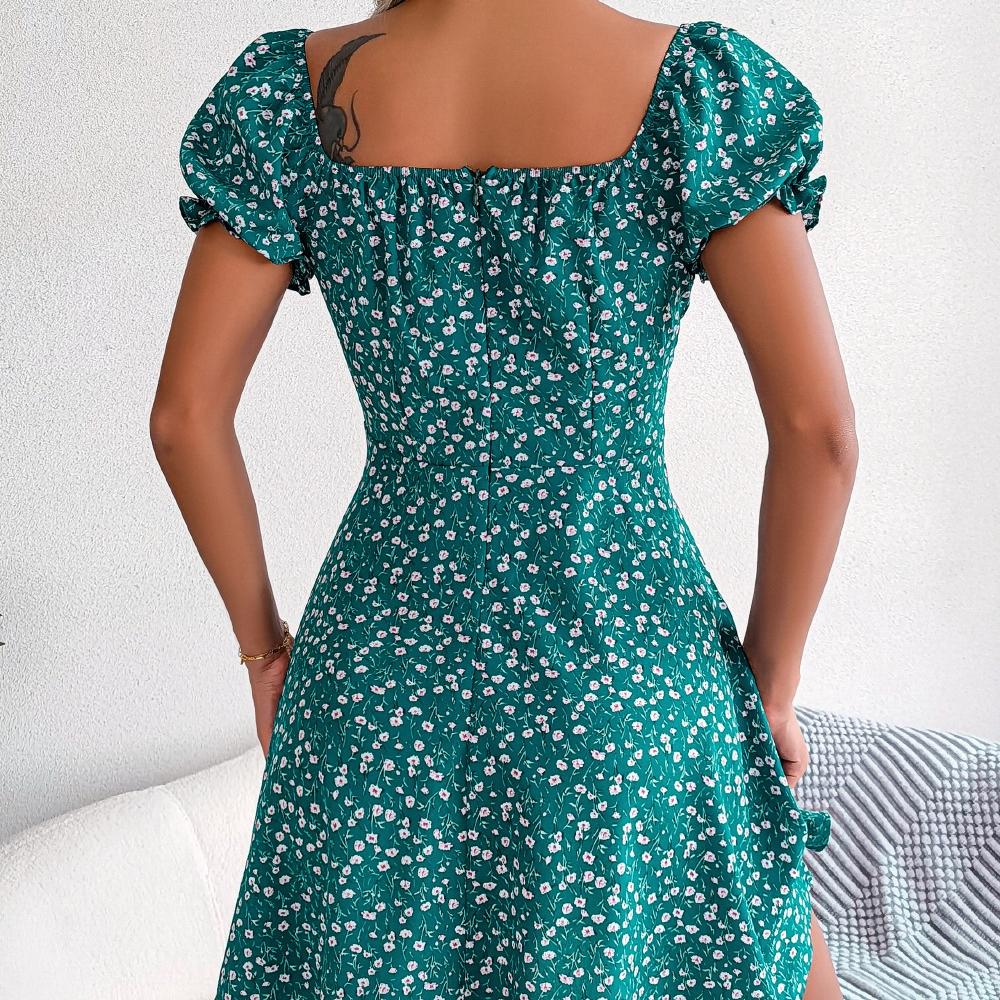 GMXIA Женская мода сплошной цвет с принтом Высокая талия Коктейльные и вечерние платья с коротким рукавом и квадратным воротником