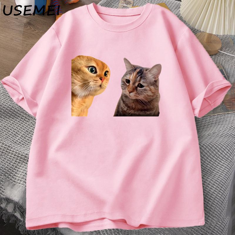 Sad Cat Mewing T-shirt Funny Two Cats Talking Meme Grpahic T Shirts Women Men's Cotton T-shirt Summer Short Sleeves Tees