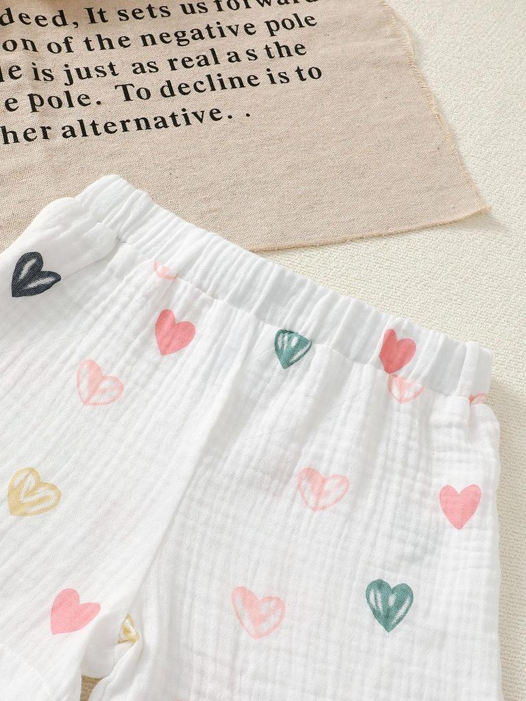 2Pcs Baby Girl Clothes Outfit Heart Print Ruffle Sleeve Top Shorts Set Bow Decor for 0-18 Months Infant Sweet Casual Clothes