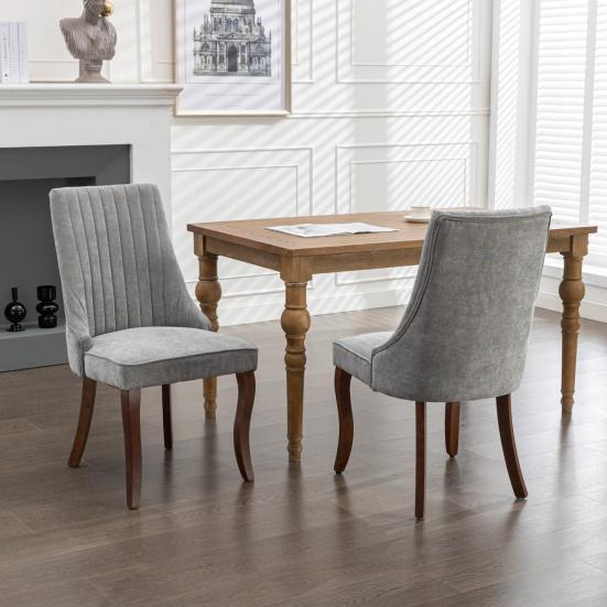 Rayon Cloth Flocking Linen Dining Chairs Channel Kitchen Dinner Chair Comfy Fabric Upholstered Accent Chair for Dining Room with Curved Solid Wood
