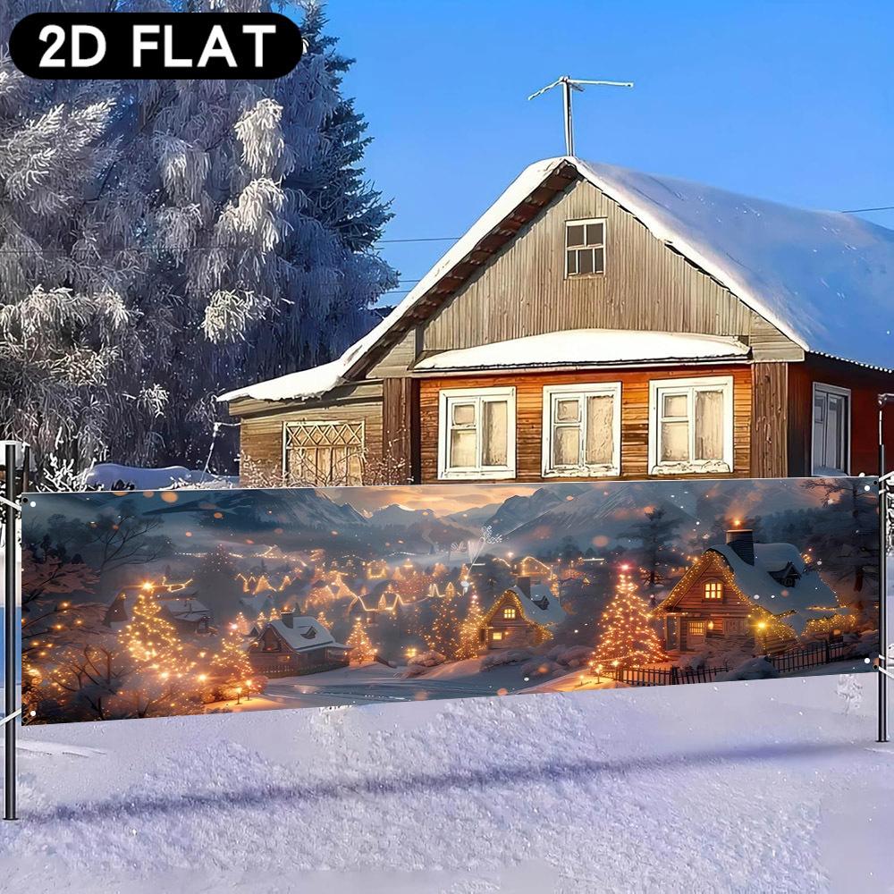 Christmas Snow Scene Long Banner, Santa Snowman Reindeer Gingerbread Tree Snowy Cabin Mountain Design, Polyester Outdoor Fence Decoration