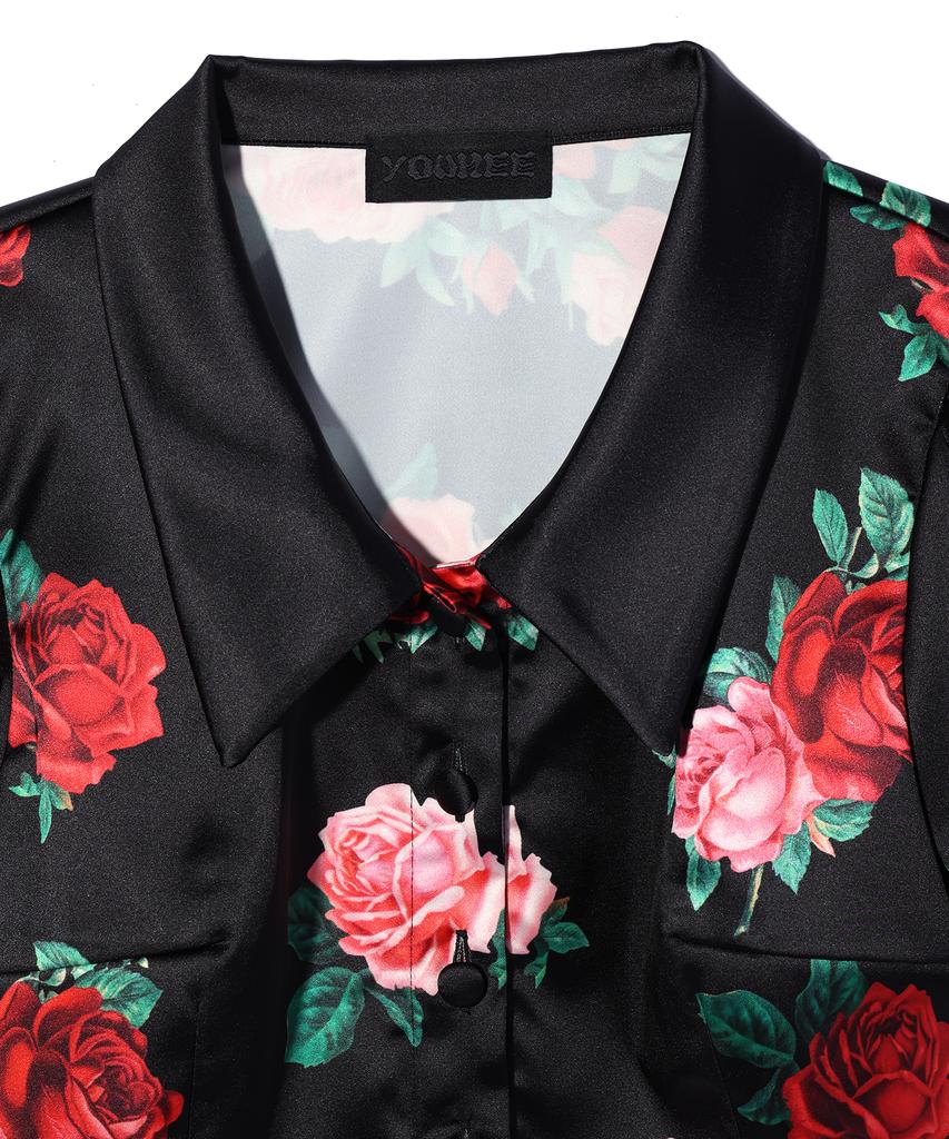 YOUHEE Satin Flower Pattern Blouse Black