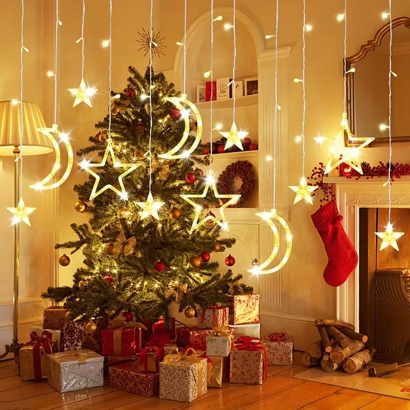 Christmas Curtain Light USB Powered Warm White Multicolor LED Star Moon String Light for Bedroom Window Xmas Decor New Year Gift