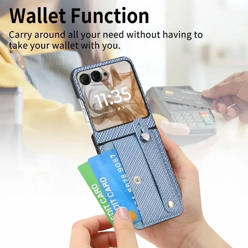 Carbon Fiber Pattern Leather Phone Case For Motorola Razr 60 50 Ultra 40 Multifunctional Card Slot Bag Bracket Wrist Strap Cover