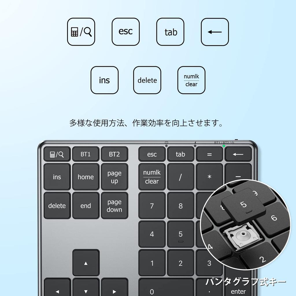 iClever Numeric Keypad Bluetooth Wireless Numeric Keyboard Pantograph Charging Ultra Thin Metal Structure Numlock Interlocking Connectable To Up To 2
