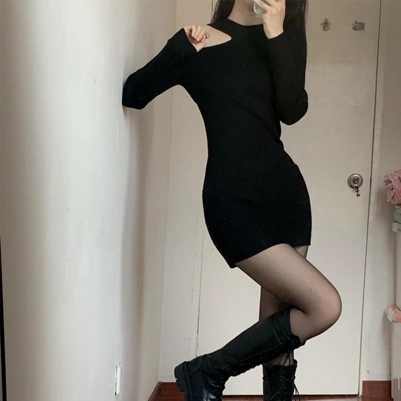 Женское облегающее однотонное платье с открытыми плечами Pure Wind Sexy Royal Sister Wind Bottom Sweater Wrapped Hip Dress
