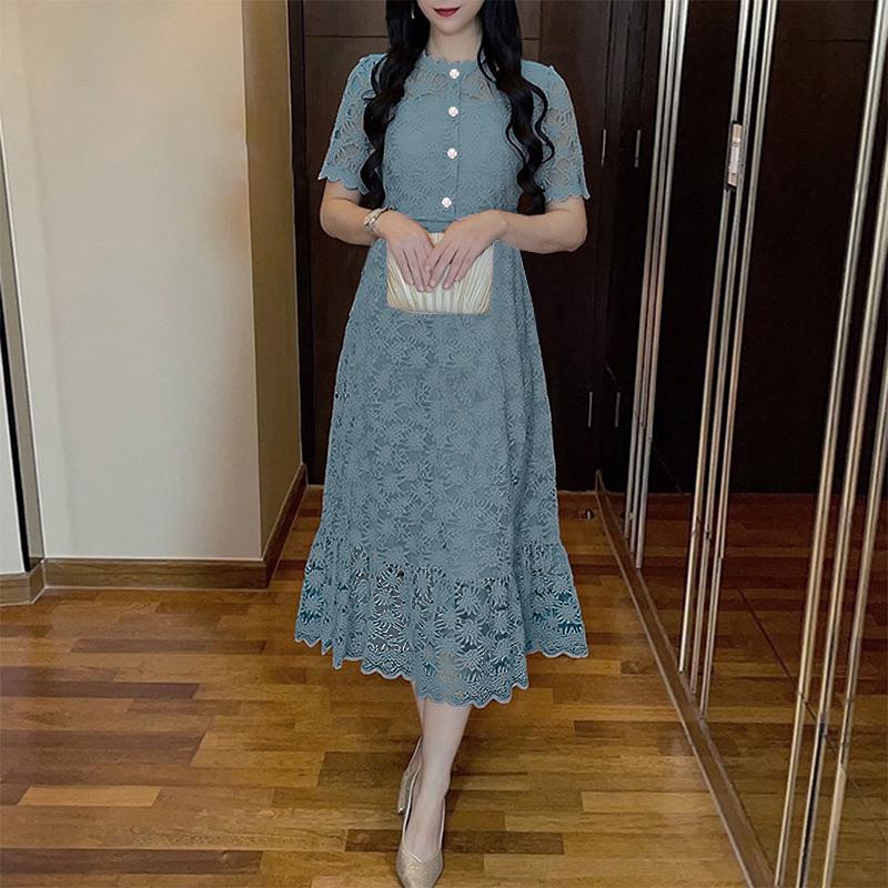 ZANZEA Женское повседневное платье с круглым вырезом, коротким рукавом и элегантной кружевной отделкой