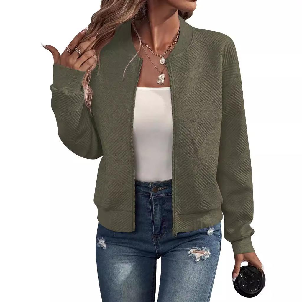 Autumn Winter Solid Color Zipper Jacket Baseball Collar Casual Coat for Women Long Sleeve Jackets & Coats