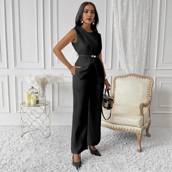 1 комплект женский топ-брюки костюм нарядный повседневный летний однотонный безрукавка рубашка с поясом широкие брюки комплект из двух частей домашний костюм