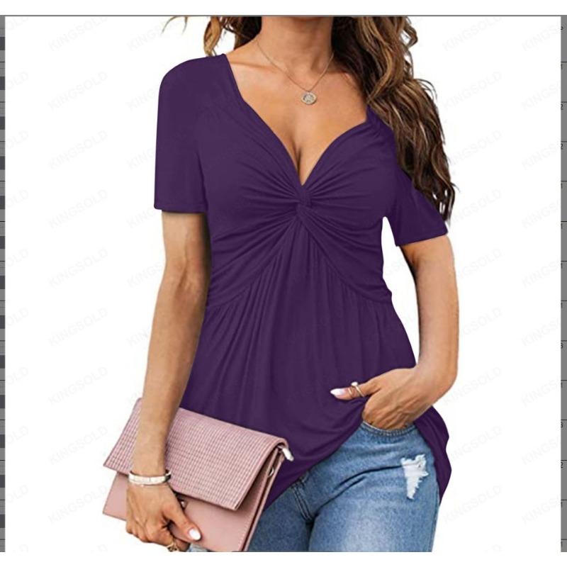 Women's V-neck Front Twisted Shirt Short Sleeved Elegant Casual T-shirt Solid Color Pullover Top Shirt