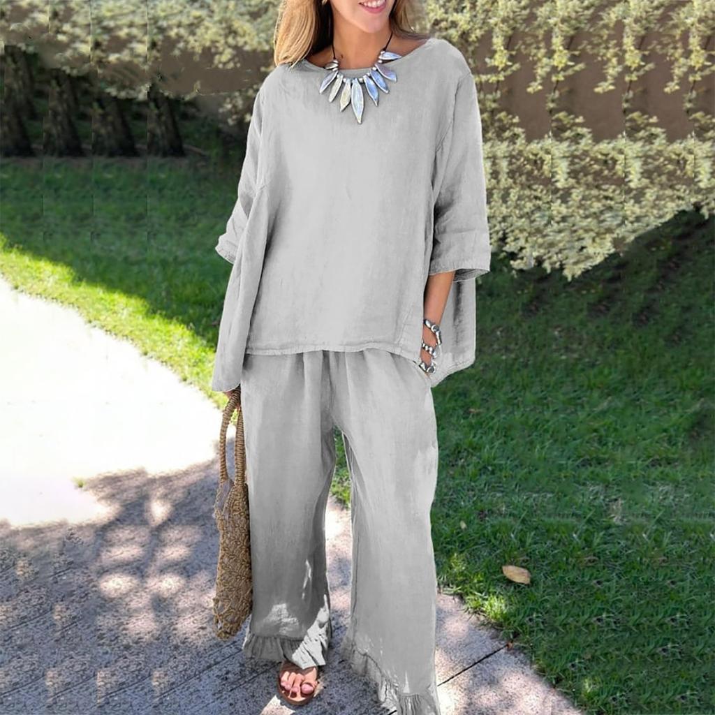 Новые осенние женские однотонные свободные повседневные брюки из хлопка и льна, костюм из двух предметов