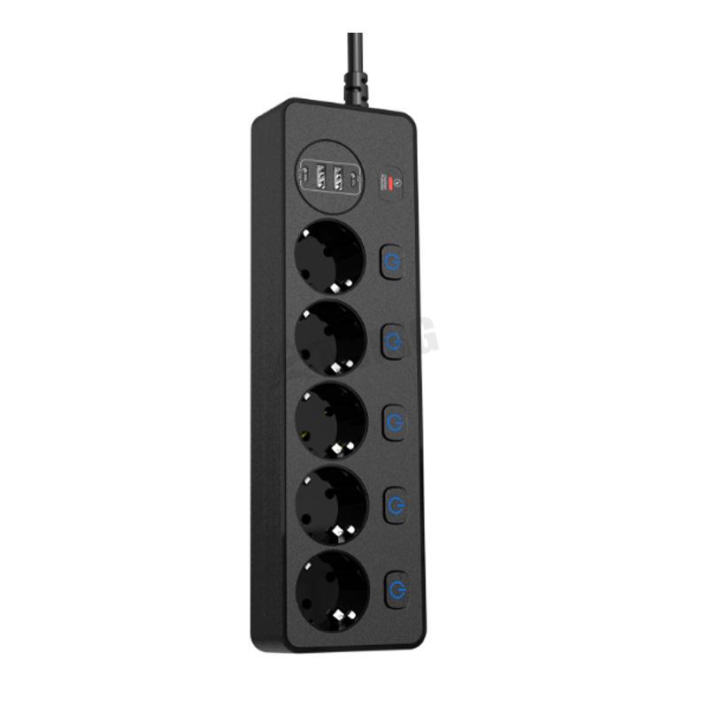 Удлинитель с 5 розетками, независимым выключателем, 2 портами Type-C и 2 USB-портами, защита от перегрузки