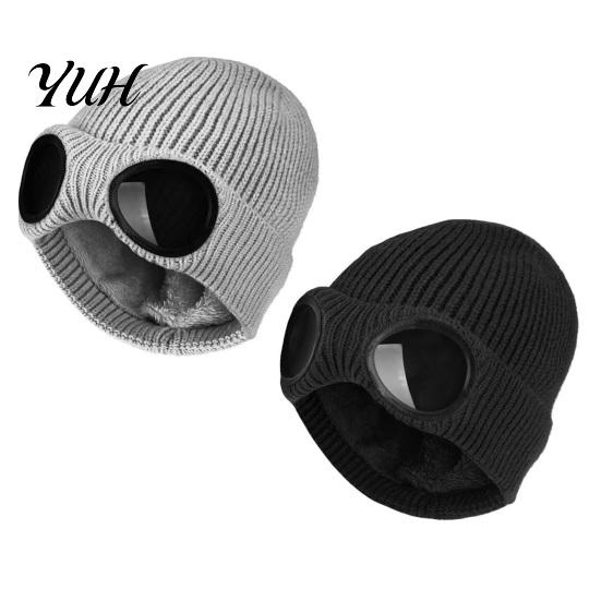 Functional Headgear for Skiing And Sledding 2Pcs Fleece Lined Hats with Goggles, Warm Winter Knit Wind Resistant Fishing Hat Visor Hats, Windproof