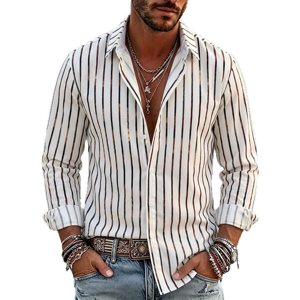 2026 New Style Men's Striped Long-Sleeved Shirt with Collar, Slim-Fitting Casual Shirt, Fashionable Cardigan Tops