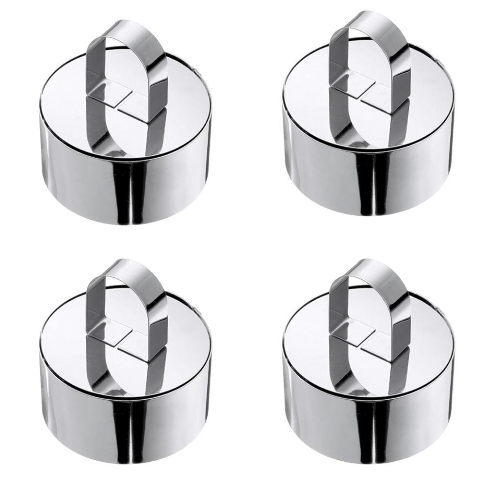 4Pcs Stainless Steel Cake Ring Mold Reusable Easy Release Cooking Ring DIY Baking Surface Smooth Dessert Food Molds with Pushers