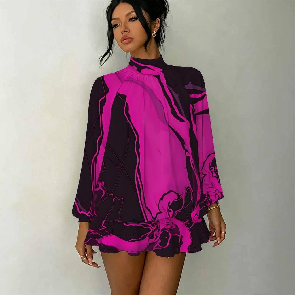 Women's 3D Colorful Abstract Floral Print Mock Neck Long Sleeve Dress, Raglan Sleeve Fake Two Piece Mini Dress