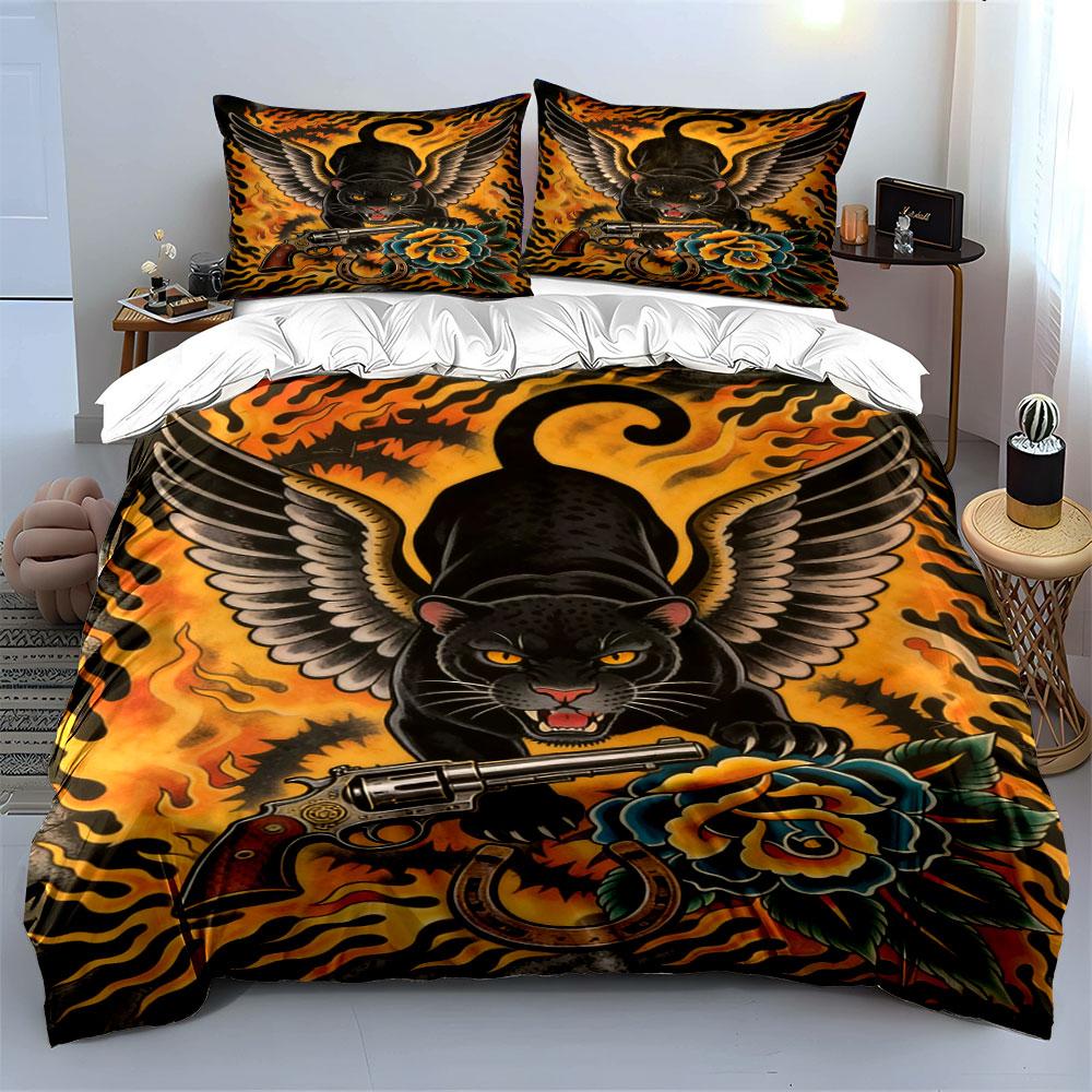 Winged panther, flames, revolver. Bedding sets Duvet cover sets Duvet covers Pillowcases(1 * Duvet Cover 2 * Pillowcases without duvet insert)