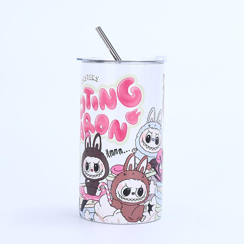 Мультяшный узор Лабубу из нержавеющей стали, изолированная чашка, простая кофейная чашка с соломой