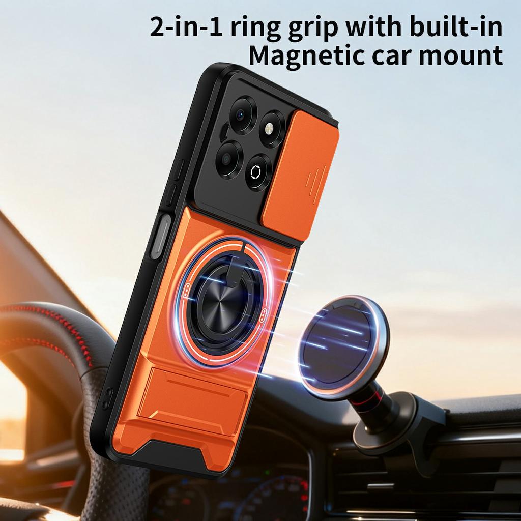 For Honor X6b 4G Magnetic Case Ring Holder Foldable Kickstand TPU PC Phone Cover with Camera Lens Slider