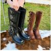 New Denim Boots Women's Retro Brown Belt Buckle Round Head High Boots  Boots Knee Length Boots