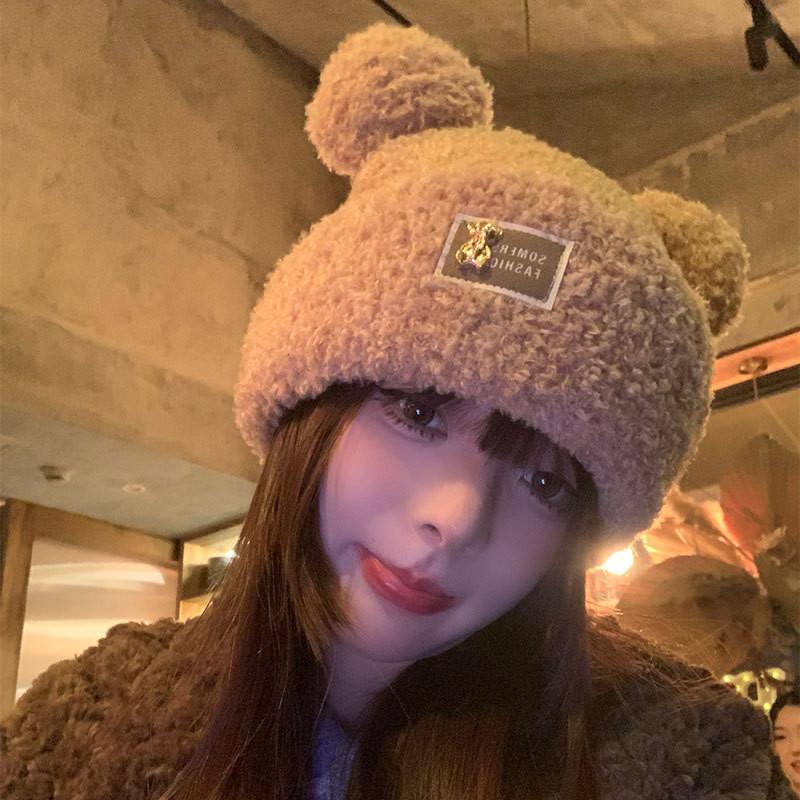 Женская модная плюшевая шапка с медведем, мягкая вязаная и теплая зимняя шапка