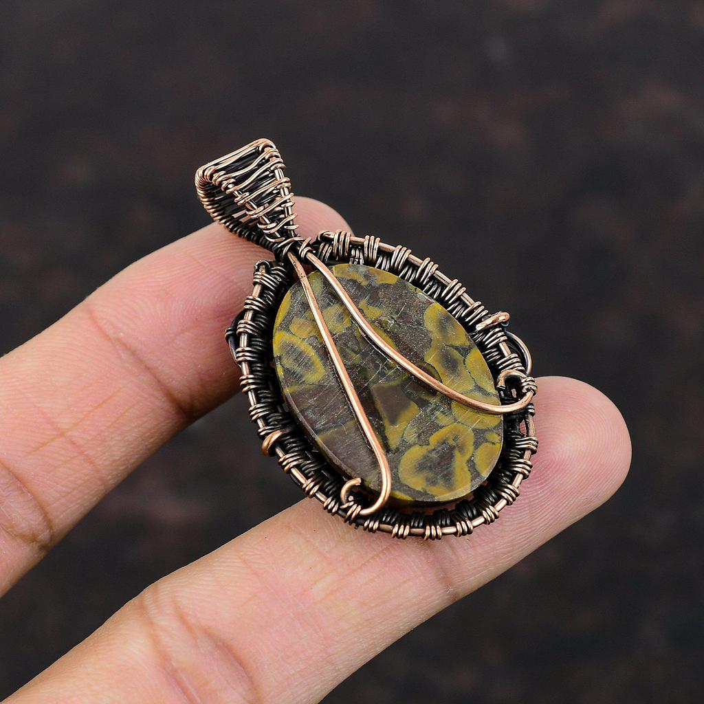Кулон из фруктовой яшмы, медная проволока, кулон с драгоценными камнями, ювелирные изделия из фруктовой яшмы, кулон ручной работы, медные украшения для подарка, подвеска в стиле хиппи в стиле бохо