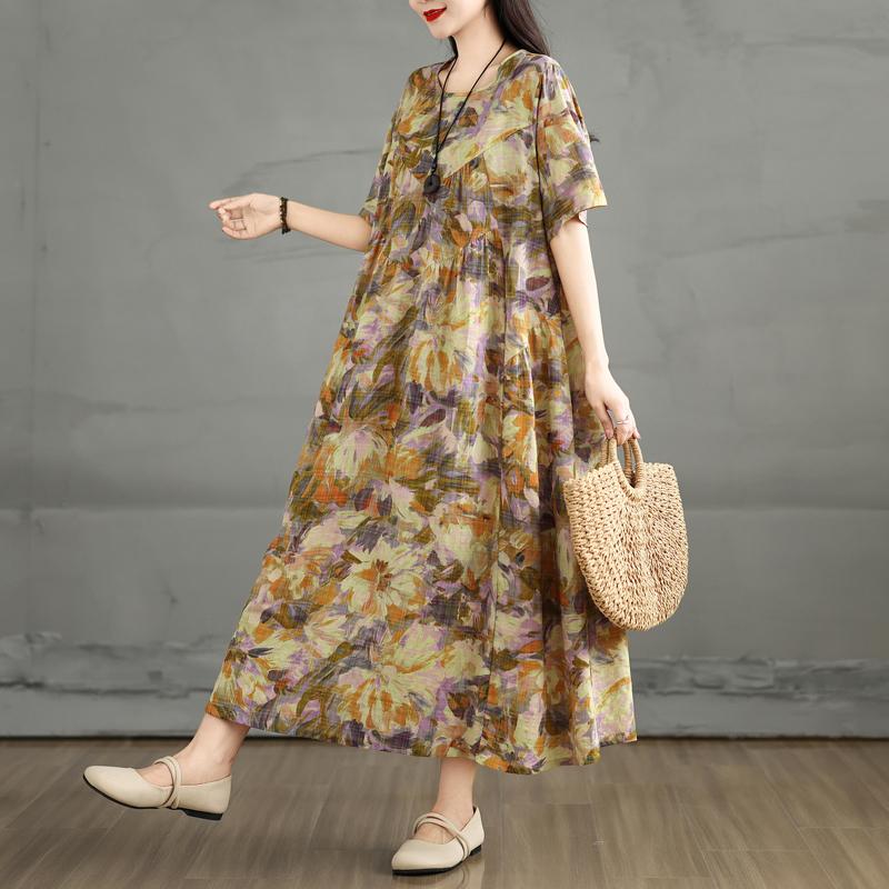 Dimanaf 2025 Женское Летнее Платье Винтажный Принт Цветочный Базовый Повседневный Оверсайз Длинное Свободное Платье Плюс Размер