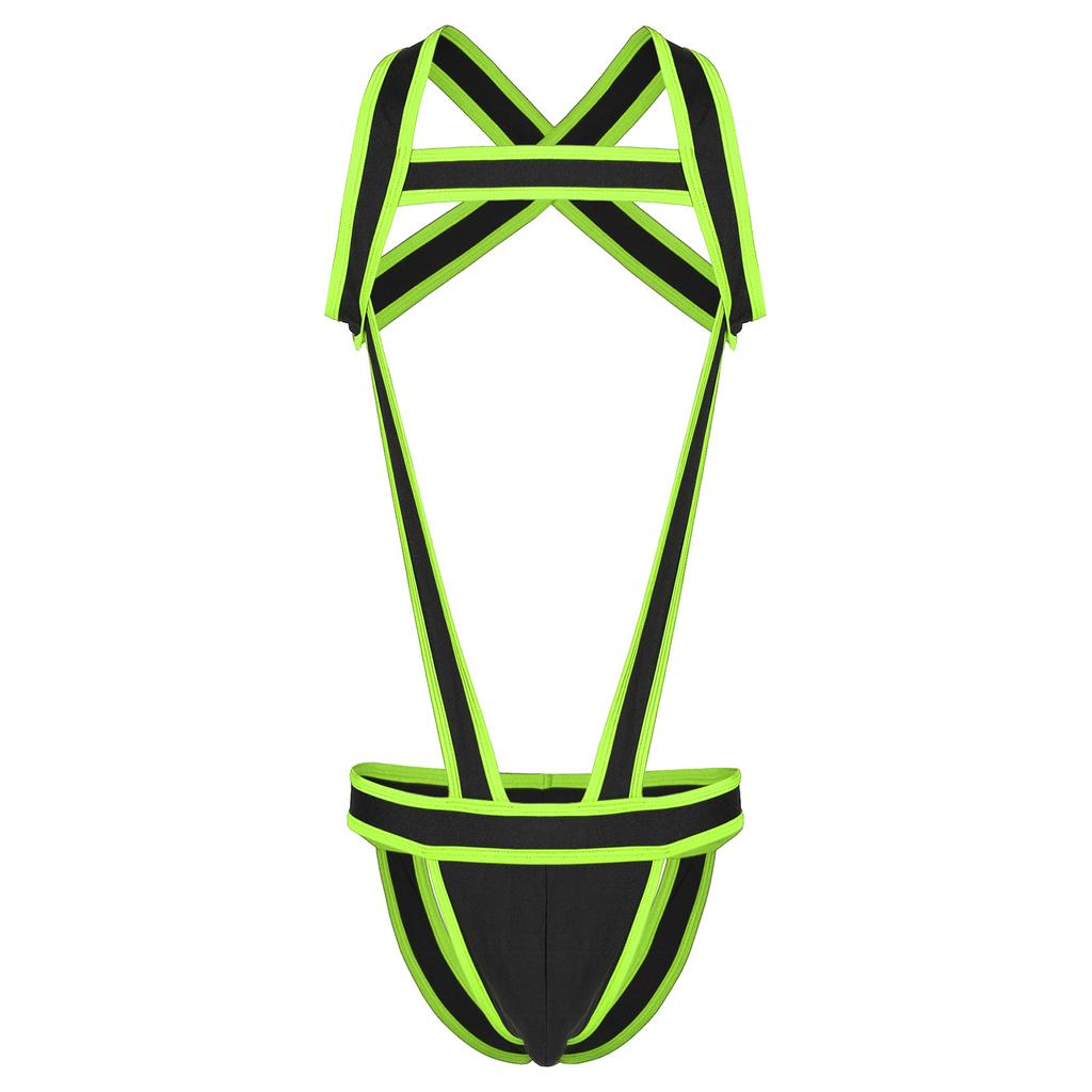 Mens Contrast Trim Chest Harness Jumpsuit Bulge Pouch Design One-Piece Bodysuit Jockstrap Underwear for Cosplay
