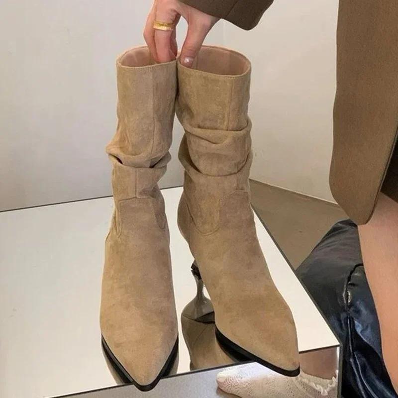 Женские замшевые остроносые ботинки челси, женские сексуальные ботинки до середины голени, новые зимние туфли на каблуках, роскошные туфли-лодочки для вечеринок, модная готическая обувь