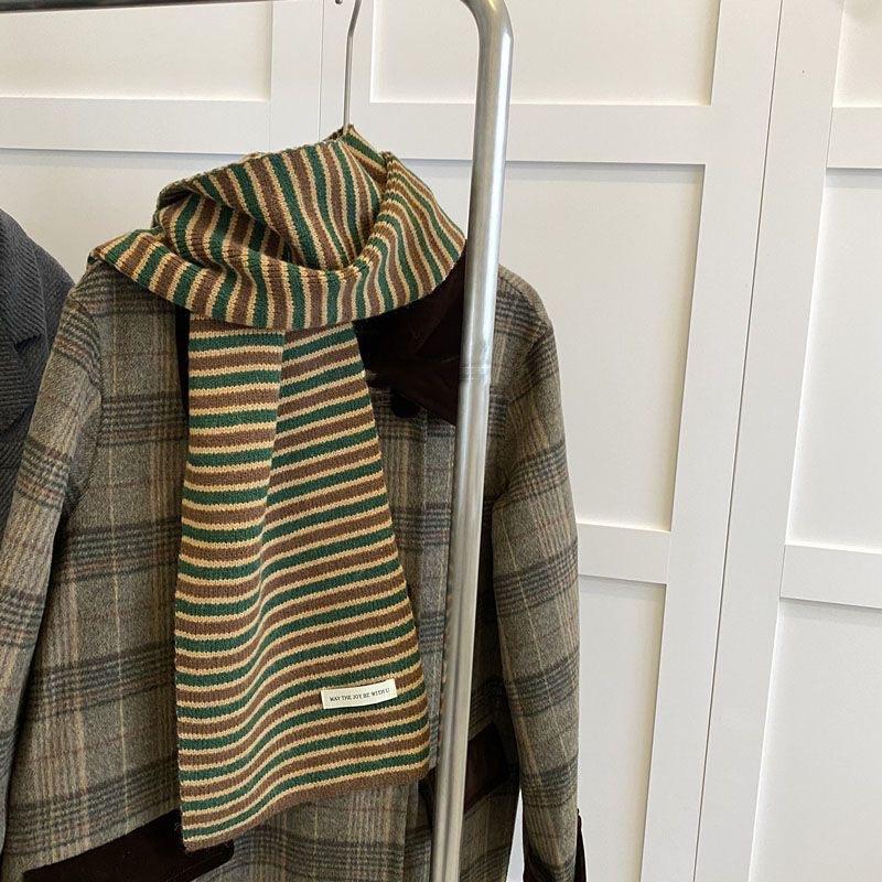 New Striped Knitted Scarf for Women In Winter High End Versatile and Cute Woolen Small Scarf Men's Neck Protector Warm Korean Version