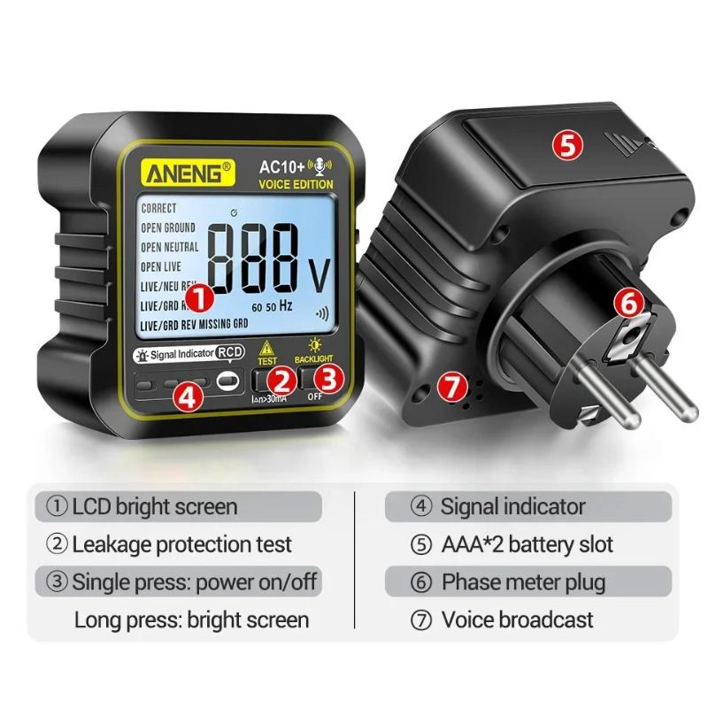 ANENG AC10+ Socket Voltage Tester Pro Circuit Checker Test Detector Polarity Socket Inspector Circuit Checker Leakage Detector with Voice Broadcast