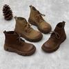 Осенне-зимние винтажные короткие ботинки ручной работы из кожи на толстой подошве, художественные круглые носки, на шнуровке, из коровьей кожи, для женщин