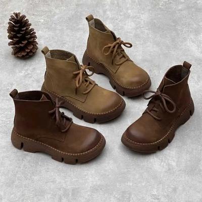 Осенне-зимние винтажные короткие ботинки ручной работы из кожи на толстой подошве, художественные круглые носки, на шнуровке, из коровьей кожи, для женщин
