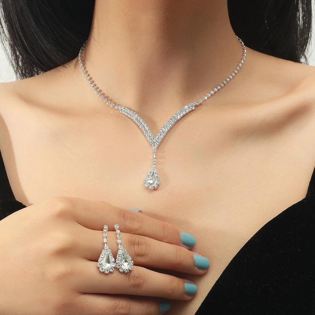 3pcs Women's Jewelry Set, Rhinestone Droplet Shaped Pendant, Necklace, Earrings, Wedding Accessories