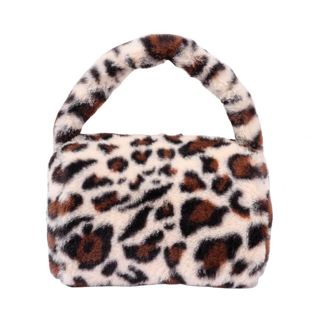 FLORPERRY Fluffy Cosmetic Large Cute Leopard Print Cosmetic Tote Portable Makeup Storage Small Makeup Fluffy Cosmetic White Bag, Handbag, Capacity,