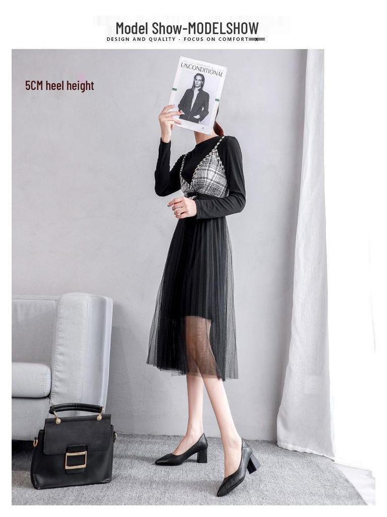 Осень 2025 Женские туфли из натуральной кожи в корейском стиле с острым носком, слипоны на массивном среднем каблуке