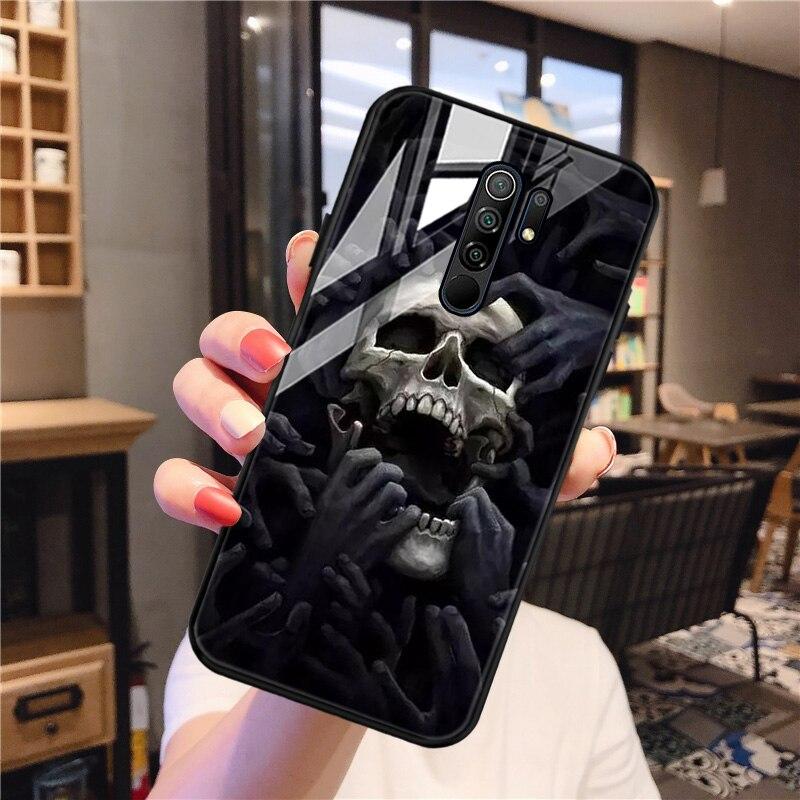 Redmi 9 Case Skull Skeleton Glass Case For Xiaomi Redmi 9 C 9C NFC 9A 8A 8 7A 7 Mi 9T Pro 9 Lite 8 SE Tempered Glass Hard Cover