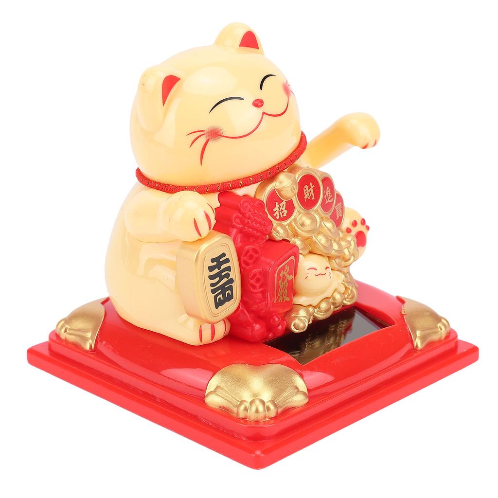 Lucky Cat Statue Vivid Lovely Waving Arm Solar Powered Fortune Cat with Dust Cover for Home Business Ornament Yellow