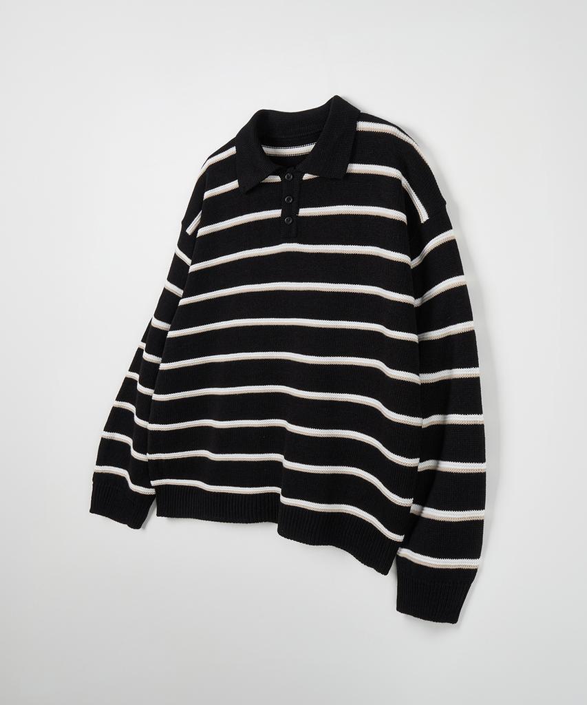 NODU Multi-Color Block Collared Stripe Knit T-Shirt [Black]