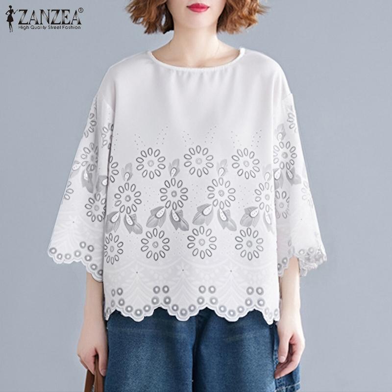 ZANZEA Женские летние блузки с круглым вырезом и рукавом 3/4 с волнистым краем