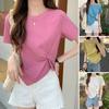 Women T-shirt Irregular Hem Solid Color Knot Decor Round Neck Short