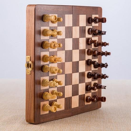 Wood Magnetic Chess Set with Folding Board and Chess Pieces Handmade Chess Board Set, Magnetic Chess Boards (7x7 In)